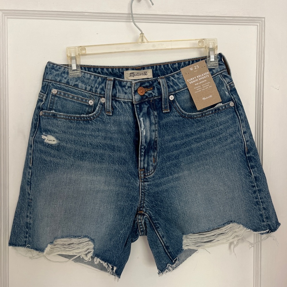 NWT Madewell Curvy Relaxed Mid-Length Denim Shorts Brockport Wash Ripped Edition